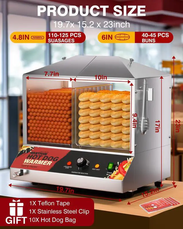 Alt view image 6 of 6 - Commercial Hot Dog Steamer - 38QT/36L Electric Hot Dog Steamer and Bun Warmer, Stainless Steel Hot Dog Cabinet with Tempered Glass 200-275 Sausages & 40-45 Buns