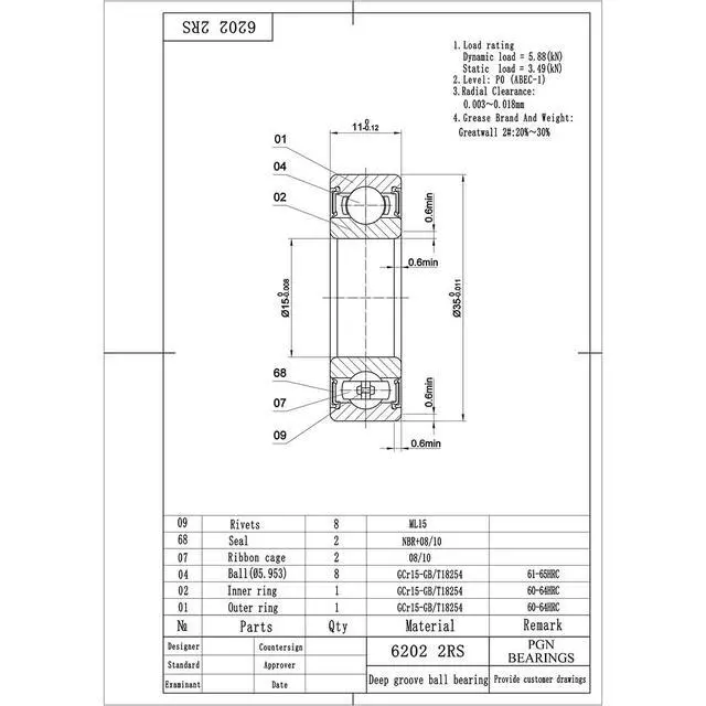 Alt view image 2 of 6 - PGN (100 Pack) 6202-2RS Bearing - Lubricated Chrome Steel Sealed Ball Bearing - 15x35x11mm Bearings with Rubber Seal & High RPM Support