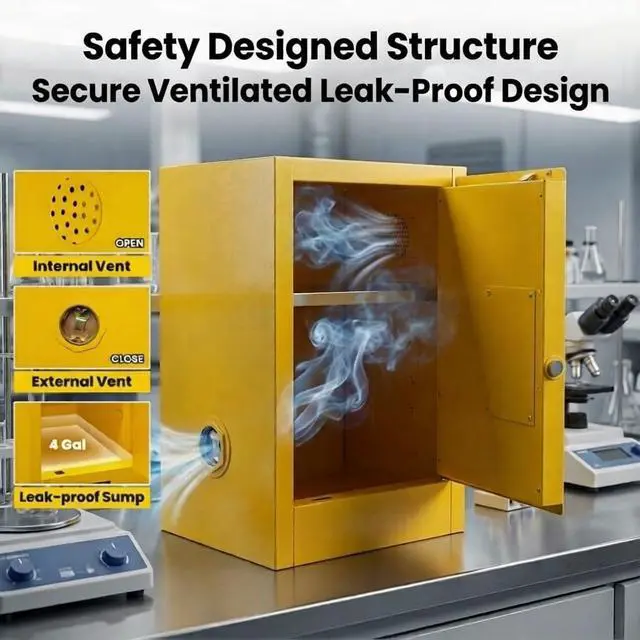 Alt view image 4 of 6 - 45 Gallon OSHA Flammable Storage Cabinet | 36" x 25" x 20" Double-Wall Steel Fire Cabinet with 3-Point Lock, Leak-Proof Sump & ESD Grounding Cable for Gasoline, Chemicals
