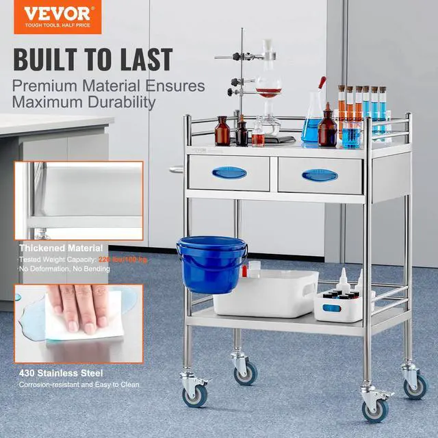 Alt view image 2 of 6 - Lab Serving Cart Utility Cart Stainless Steel Medical Cart with Two Drawers for lab Equipment Use Grade I Stainless Steel Utility Services (2 Shelves/ 2 Drawer)