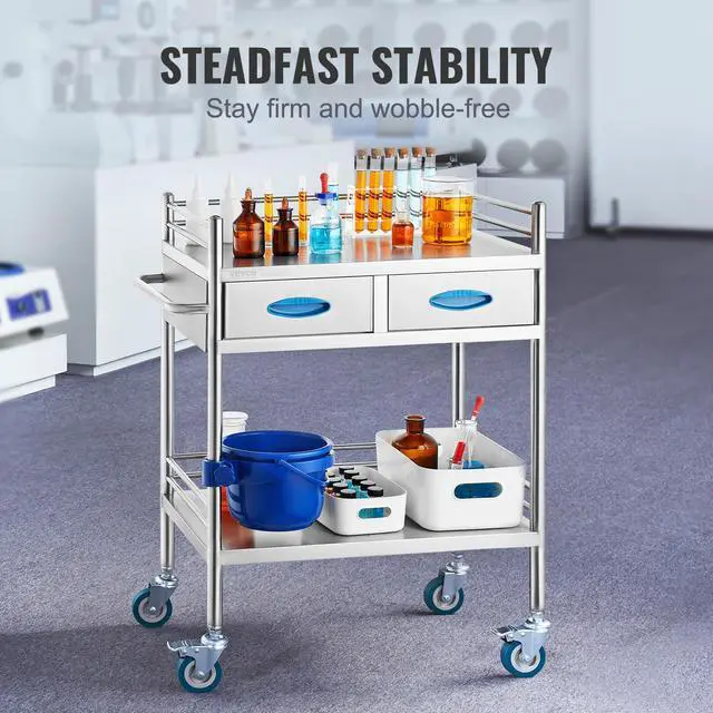 Alt view image 3 of 6 - Lab Serving Cart Utility Cart Stainless Steel Medical Cart with Two Drawers for lab Equipment Use Grade I Stainless Steel Utility Services (2 Shelves/ 2 Drawer)