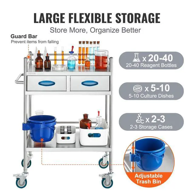 Alt view image 5 of 6 - Lab Serving Cart Utility Cart Stainless Steel Medical Cart with Two Drawers for lab Equipment Use Grade I Stainless Steel Utility Services (2 Shelves/ 2 Drawer)