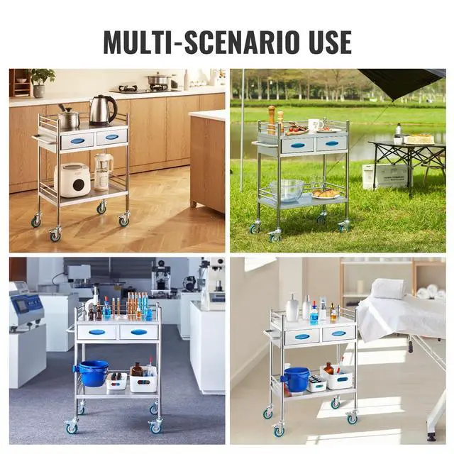 Alt view image 6 of 6 - Lab Serving Cart Utility Cart Stainless Steel Medical Cart with Two Drawers for lab Equipment Use Grade I Stainless Steel Utility Services (2 Shelves/ 2 Drawer)