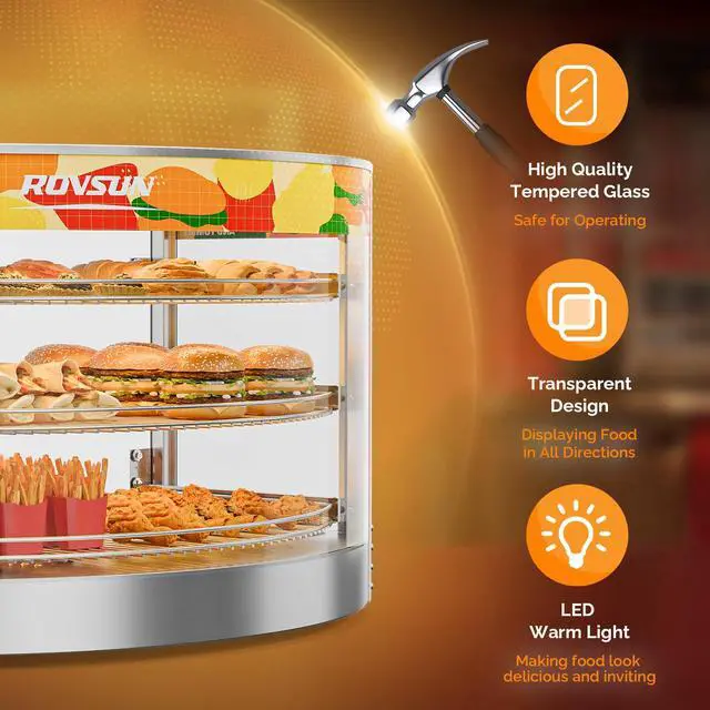 Alt view image 4 of 6 - Food Warmer Pizza Warmer Countertop, 3-Tier Commerical Food Warmer Display with LED Lighting Removable Shelves Glass Door, Pretzel Warmer for Buffet Restaurant Cafe, 110V 800W