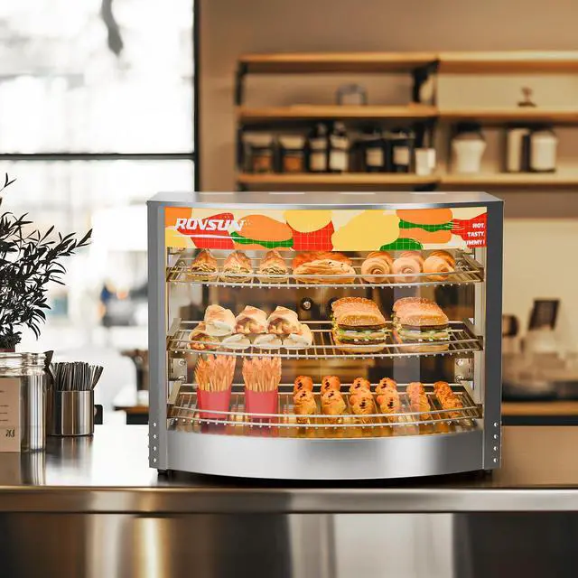 Alt view image 6 of 6 - Food Warmer Pizza Warmer Countertop, 3-Tier Commerical Food Warmer Display with LED Lighting Removable Shelves Glass Door, Pretzel Warmer for Buffet Restaurant Cafe, 110V 800W