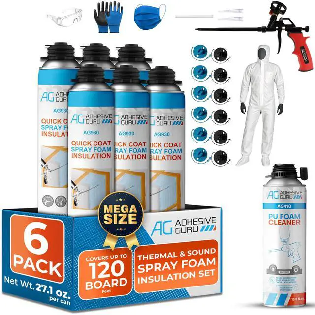 Main image of QuickCoat Closed Cell Spray Foam Insulation Kit for Wall6x32.8oz(930g) Covers 120 Board FtDIY Expanding Sealant Set, Insulates Heat&Sound, Fills Gaps&Cracks6X Foam Cans, Cleaner, Gun & Safety Gear