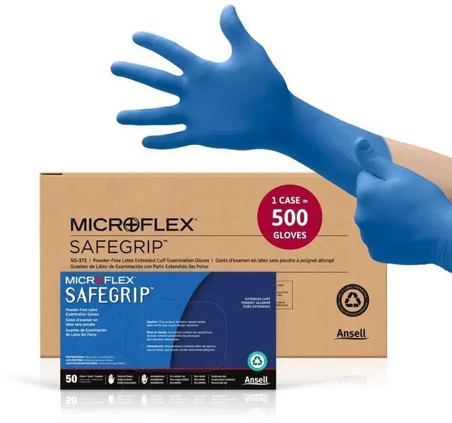 Main image of Microflex SafeGrip SG-375 Extra Thick Disposable Latex Gloves for Life Sciences, Automotive w/Textured Fingertips - XL Blue (Case of 500)