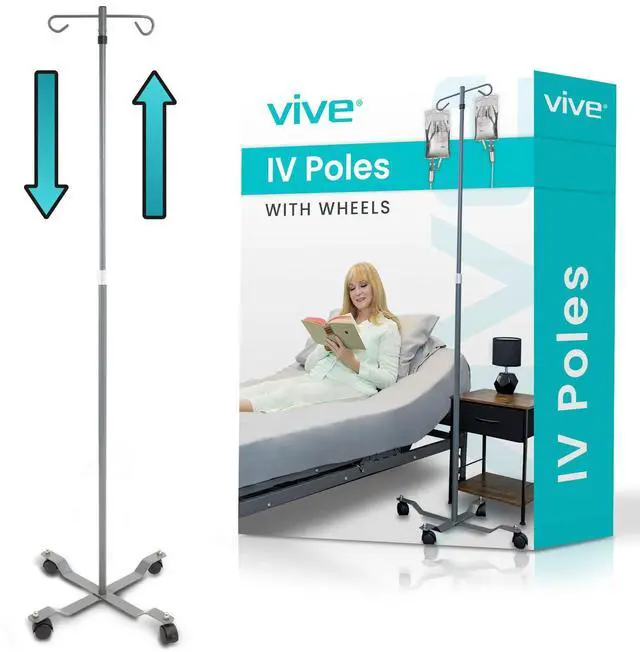 Main image of IV Pole with Wheels (4 Pack) - IV Fluids Bag Stand with 2 Hooks and Adjustable Height - Portable IV Pole for Home Care, Hospitals, Clinics and Travel - Safe and Easy to Move Medical IV Drip Stand