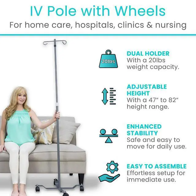 Alt view image 2 of 6 - IV Pole with Wheels (4 Pack) - IV Fluids Bag Stand with 2 Hooks and Adjustable Height - Portable IV Pole for Home Care, Hospitals, Clinics and Travel - Safe and Easy to Move Medical IV Drip Stand