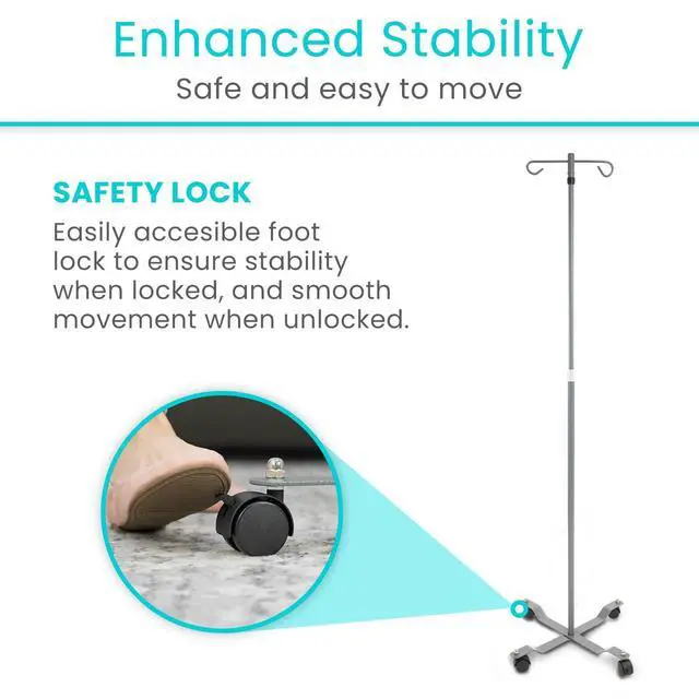 Alt view image 4 of 6 - IV Pole with Wheels (4 Pack) - IV Fluids Bag Stand with 2 Hooks and Adjustable Height - Portable IV Pole for Home Care, Hospitals, Clinics and Travel - Safe and Easy to Move Medical IV Drip Stand