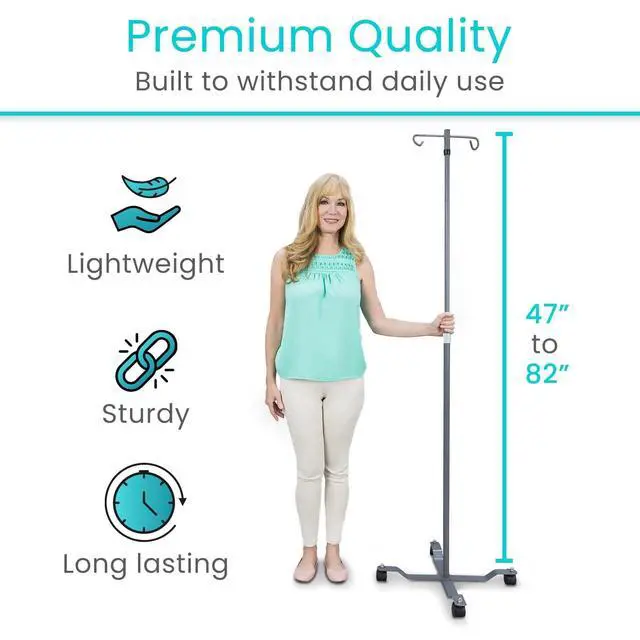Alt view image 5 of 6 - IV Pole with Wheels (4 Pack) - IV Fluids Bag Stand with 2 Hooks and Adjustable Height - Portable IV Pole for Home Care, Hospitals, Clinics and Travel - Safe and Easy to Move Medical IV Drip Stand