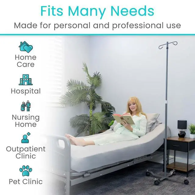 Alt view image 6 of 6 - IV Pole with Wheels (4 Pack) - IV Fluids Bag Stand with 2 Hooks and Adjustable Height - Portable IV Pole for Home Care, Hospitals, Clinics and Travel - Safe and Easy to Move Medical IV Drip Stand