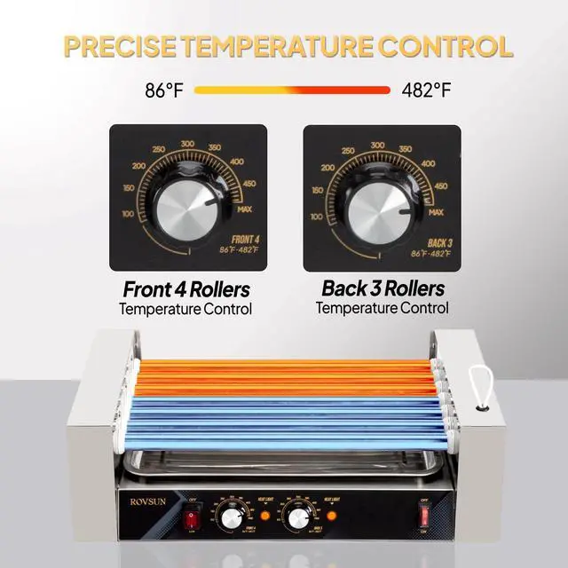 Alt view image 3 of 6 - Hot Dog Roller, 18 Hot Dog 7 Rollers ETL Certified, Hot Dog Machine Sausage Grill Cooker with Dual Temp Control, Glass Cover, LED, Side Storage Box, Shelf & Drip Tray for Home Commercial 1050W