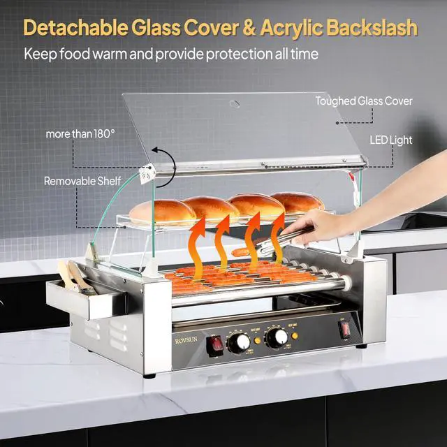 Alt view image 4 of 6 - Hot Dog Roller, 18 Hot Dog 7 Rollers ETL Certified, Hot Dog Machine Sausage Grill Cooker with Dual Temp Control, Glass Cover, LED, Side Storage Box, Shelf & Drip Tray for Home Commercial 1050W