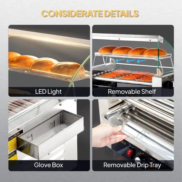 Alt view image 5 of 6 - Hot Dog Roller, 18 Hot Dog 7 Rollers ETL Certified, Hot Dog Machine Sausage Grill Cooker with Dual Temp Control, Glass Cover, LED, Side Storage Box, Shelf & Drip Tray for Home Commercial 1050W