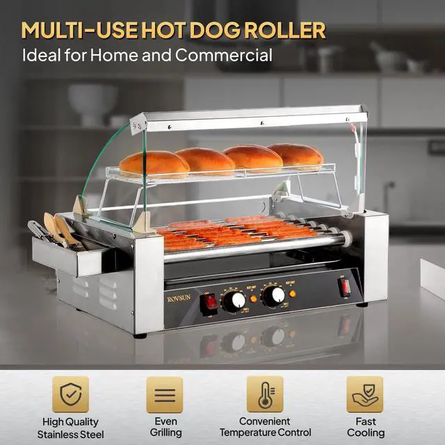 Alt view image 6 of 6 - Hot Dog Roller, 18 Hot Dog 7 Rollers ETL Certified, Hot Dog Machine Sausage Grill Cooker with Dual Temp Control, Glass Cover, LED, Side Storage Box, Shelf & Drip Tray for Home Commercial 1050W