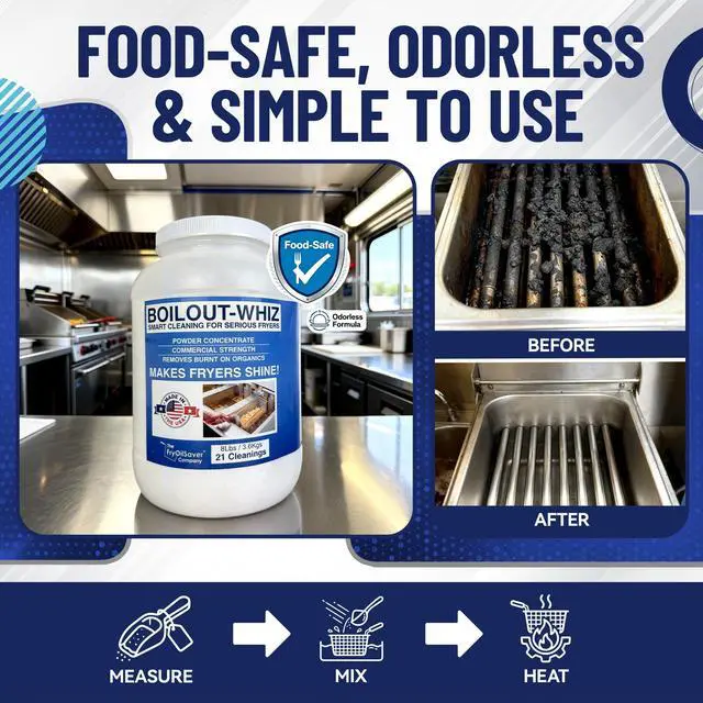 Alt view image 6 of 6 - 32LB Boil-Out Whiz Deep Fryer Cleaner - Degreaser Powder for Commercial Kitchen Cleaning Oil Saver - Deep Fryer Pot & Coil Safe - Extend Oil Life, Save Time & Energy - by FryOilSaver Co