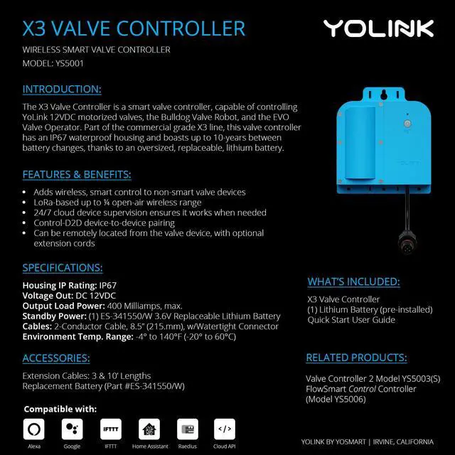 Alt view image 2 of 6 - X3 Valve Controller Kit, 1-1/4" Brass Motorized Ball Valve, LoRa Long Range, 10+ Year Lithium, D2D with Leak Sensors & Fob, App Control & Schedules, Alexa/IFTTT/Home Assistant, Hub Required
