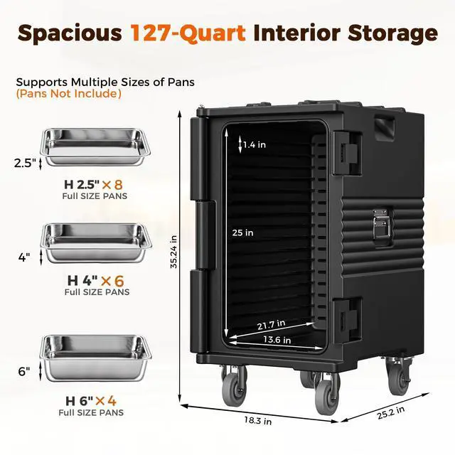 Alt view image 4 of 6 - 127QT Non-Electrical Catering Food Warmers with Swivel Casters, 304 Stainless Steel Door Shaft & Nylon Latch, Insulated Food Carrier for 8 Full-Size Pans(NOT Included), Food Warmer Hot Boxes