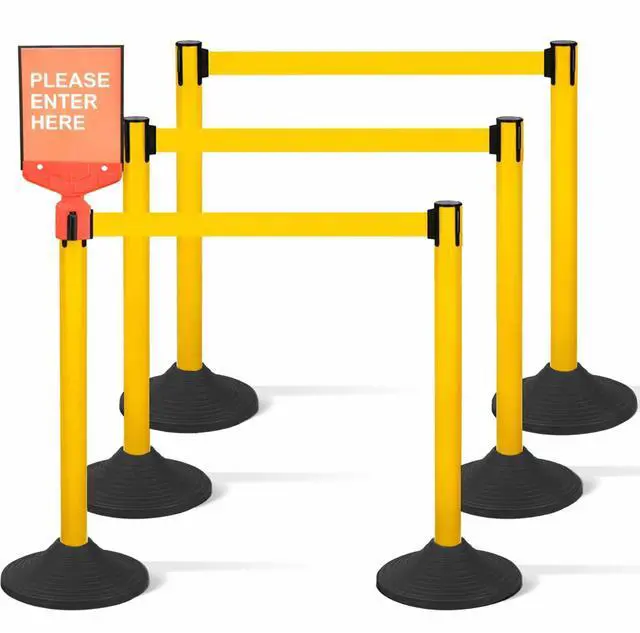 Main image of 6PACK Crowd Control Stanchions Yellow Set Heavy Duty Crowd Control Barriers with 10' FEET Black Retractable Belt, Heavy Duty Rubber Base, Easy to Install (6PACK)