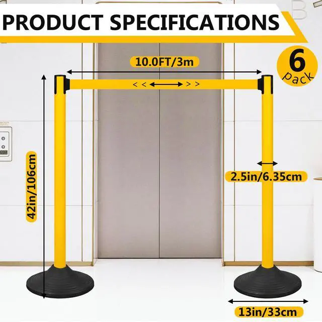 Alt view image 2 of 6 - 6PACK Crowd Control Stanchions Yellow Set Heavy Duty Crowd Control Barriers with 10' FEET Black Retractable Belt, Heavy Duty Rubber Base, Easy to Install (6PACK)