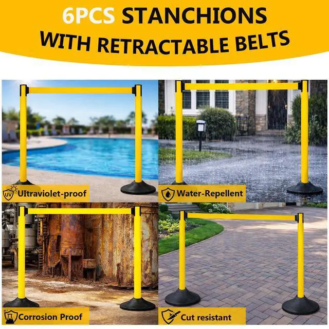 Alt view image 3 of 6 - 6PACK Crowd Control Stanchions Yellow Set Heavy Duty Crowd Control Barriers with 10' FEET Black Retractable Belt, Heavy Duty Rubber Base, Easy to Install (6PACK)