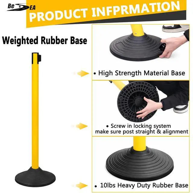 Alt view image 4 of 6 - 6PACK Crowd Control Stanchions Yellow Set Heavy Duty Crowd Control Barriers with 10' FEET Black Retractable Belt, Heavy Duty Rubber Base, Easy to Install (6PACK)