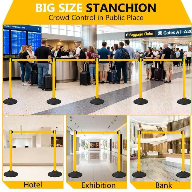 Alt view image 5 of 6 - 6PACK Crowd Control Stanchions Yellow Set Heavy Duty Crowd Control Barriers with 10' FEET Black Retractable Belt, Heavy Duty Rubber Base, Easy to Install (6PACK)