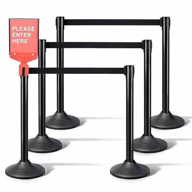 Main image of 6PACK Crowd Control Stanchions Set Heavy Duty Crowd Control Barriers with 10' FEET Black Retractable Belt, Rubber Base(6PACK)