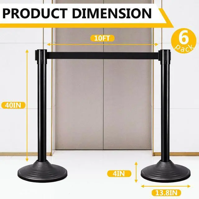 Alt view image 2 of 6 - 6PACK Crowd Control Stanchions Set Heavy Duty Crowd Control Barriers with 10' FEET Black Retractable Belt, Rubber Base(6PACK)