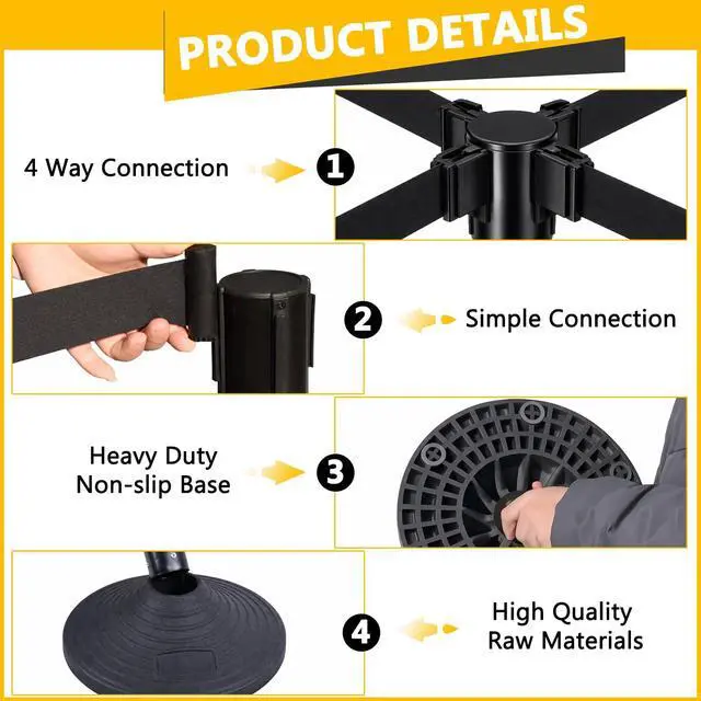 Alt view image 6 of 6 - 6PACK Crowd Control Stanchions Set Heavy Duty Crowd Control Barriers with 10' FEET Black Retractable Belt, Rubber Base(6PACK)
