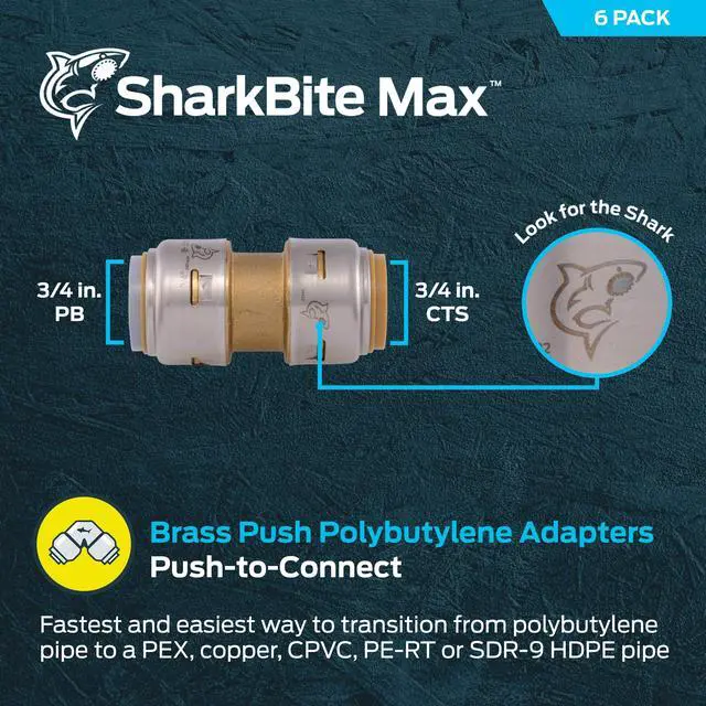 Alt view image 2 of 6 - Max 3/4 Inch Polybutylene Transition Coupling, Pack of 6, Push to Connect Brass Plumbing Fitting, UR4016