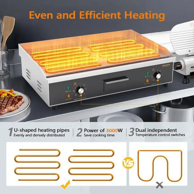 Alt view image 2 of 6 - 30" Electric Griddle, Electric Countertop with Half Flat Top Griddle, 3000W Grill Stainless Steel with Adjustable Temperature Control 122°F-572°F for Commercial Home Restaurant, Plug
