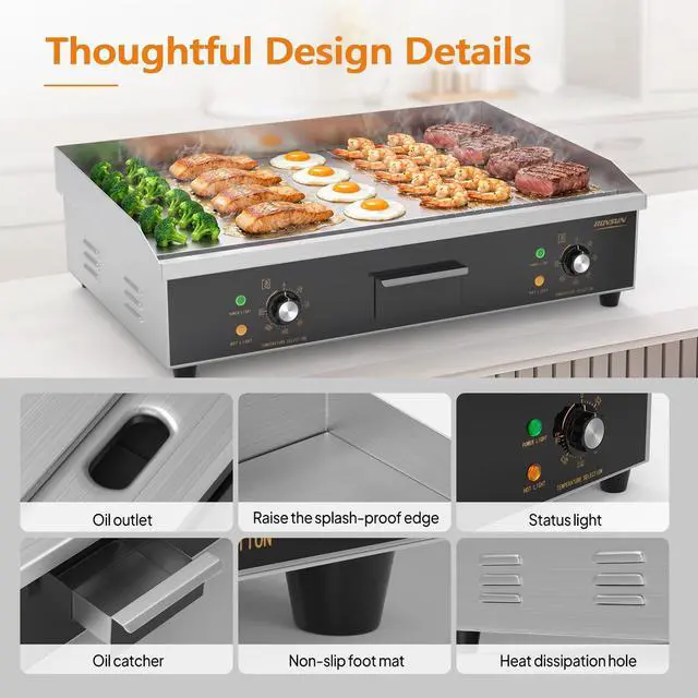 Alt view image 4 of 6 - 30" Electric Griddle, Electric Countertop with Half Flat Top Griddle, 3000W Grill Stainless Steel with Adjustable Temperature Control 122°F-572°F for Commercial Home Restaurant, Plug