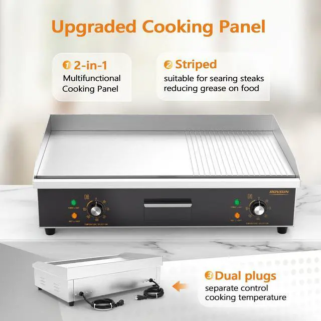 Alt view image 6 of 6 - 30" Electric Griddle, Electric Countertop with Half Flat Top Griddle, 3000W Grill Stainless Steel with Adjustable Temperature Control 122°F-572°F for Commercial Home Restaurant, Plug