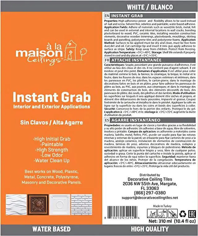 Alt view image 5 of 5 - Instant Grab - Ceiling Tile, Wall Panel & Crown Molding Adhesive - High-Strength, Water-Resistant Glue for Indoor/Outdoor Use - Easy-Apply, Quick-Bond Formula (24-Pack)