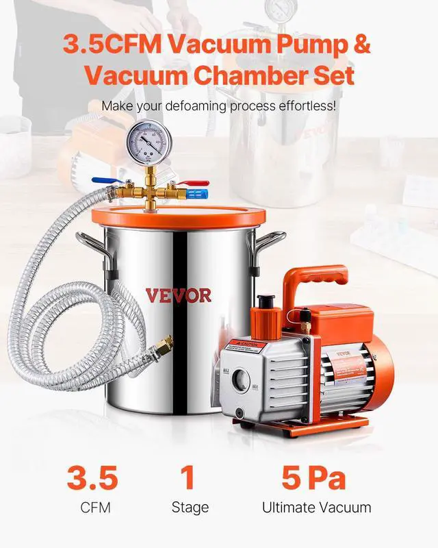 Alt view image 2 of 6 - 3 Gallon Vacuum Chamber and 3.5 CFM Pump Kit, Stainless Steel Chamber, Single Stage Vacuum Pump Degassing Chamber Kit, with Acrylic Lid, Oil, 4.92 ft Hose, for Degassing Resin Silicone Epoxies