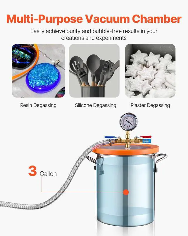 Alt view image 5 of 6 - 3 Gallon Vacuum Chamber and 3.5 CFM Pump Kit, Stainless Steel Chamber, Single Stage Vacuum Pump Degassing Chamber Kit, with Acrylic Lid, Oil, 4.92 ft Hose, for Degassing Resin Silicone Epoxies