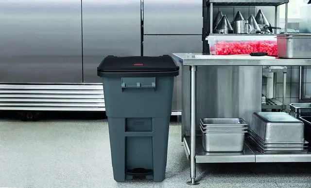 Alt view image 5 of 5 - Brute Step-On Rollout Trash/Garbage Can/Bin with Wheels, 50 GAL, for Restaurants/Hospitals/Offices/Back of House/Warehouses/Home, Gray
