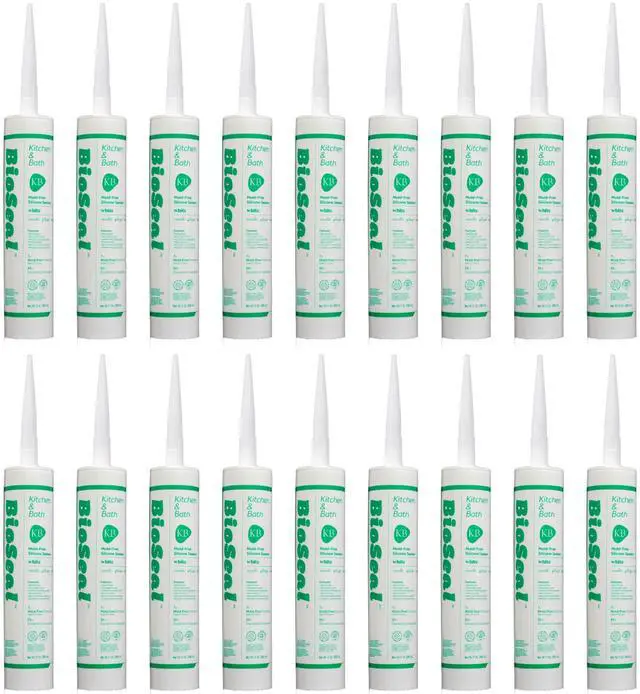 Main image of White BioSeal 100% Silicone Sealant Caulk Kitchen and Bath Grade, Waterproof and No Odor 10.1 Ounce Cartridge 18 White Tubes Set