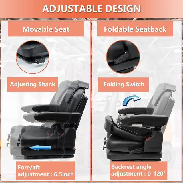 Alt view image 2 of 6 - Tractor Suspension Seat, Fold Down Forklift seat with Adjustable Angle Back, Micro Switch, Seatbelt and Armrests, Highback Low Suspension Heavy Duty for Tractor Mower Excavator Harvester
