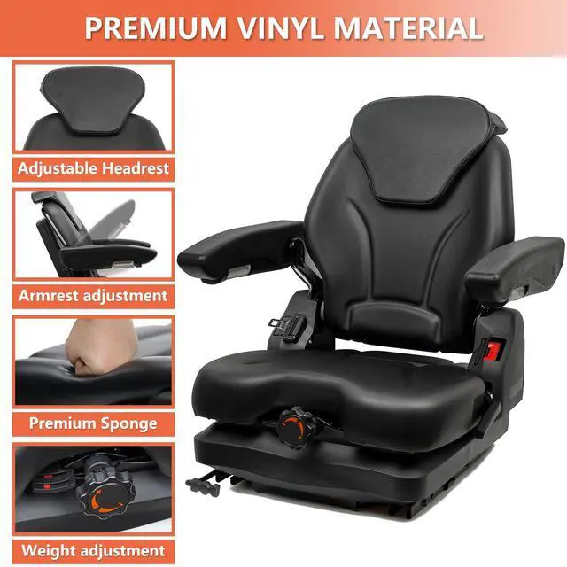 Alt view image 4 of 6 - Tractor Suspension Seat, Fold Down Forklift seat with Adjustable Angle Back, Micro Switch, Seatbelt and Armrests, Highback Low Suspension Heavy Duty for Tractor Mower Excavator Harvester