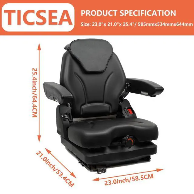 Alt view image 5 of 6 - Tractor Suspension Seat, Fold Down Forklift seat with Adjustable Angle Back, Micro Switch, Seatbelt and Armrests, Highback Low Suspension Heavy Duty for Tractor Mower Excavator Harvester