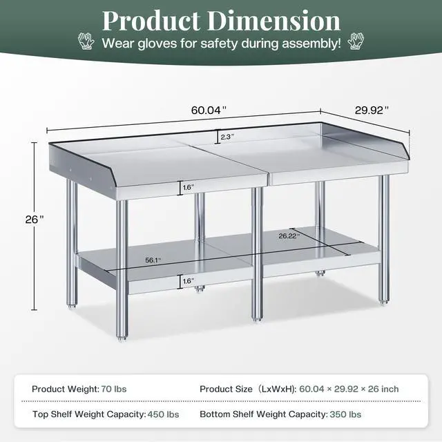 Alt view image 2 of 6 - 60"x30" Stainless Steel Equipment Stand & Grill Stand Table, NSF Certified with Adjustable Undershelf, Leveling Legs and Edge Baffle for Commercial Kitchen, Restaurant & Home