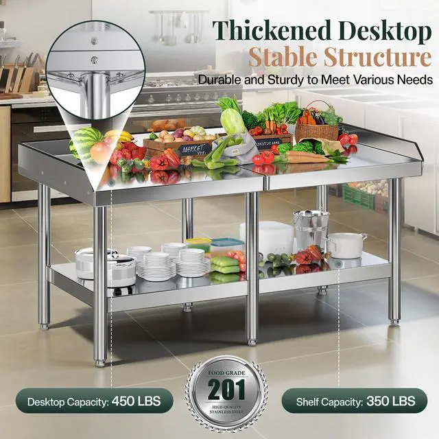 Alt view image 4 of 6 - 60"x30" Stainless Steel Equipment Stand & Grill Stand Table, NSF Certified with Adjustable Undershelf, Leveling Legs and Edge Baffle for Commercial Kitchen, Restaurant & Home