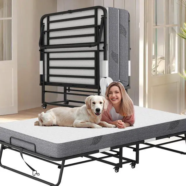 Main image of Twin XL Folding Bed with Mattress, 75" x 46" Foldable Guest Bed, Portable Rollaway Bed with 5" Memory Foam Mattress, Sturdy Metal Frame for Student School College Dorm Hospital Lounge Hotel