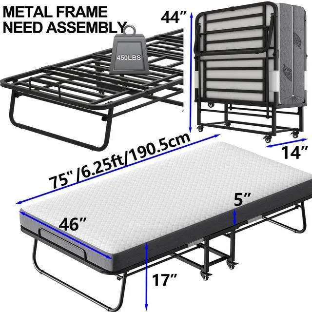 Alt view image 3 of 6 - Twin XL Folding Bed with Mattress, 75" x 46" Foldable Guest Bed, Portable Rollaway Bed with 5" Memory Foam Mattress, Sturdy Metal Frame for Student School College Dorm Hospital Lounge Hotel