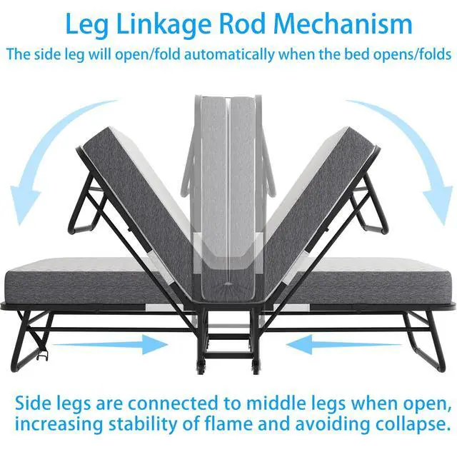 Alt view image 4 of 6 - Twin XL Folding Bed with Mattress, 75" x 46" Foldable Guest Bed, Portable Rollaway Bed with 5" Memory Foam Mattress, Sturdy Metal Frame for Student School College Dorm Hospital Lounge Hotel