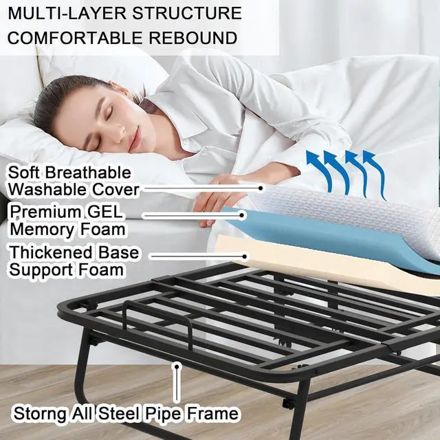 Alt view image 5 of 6 - Twin XL Folding Bed with Mattress, 75" x 46" Foldable Guest Bed, Portable Rollaway Bed with 5" Memory Foam Mattress, Sturdy Metal Frame for Student School College Dorm Hospital Lounge Hotel