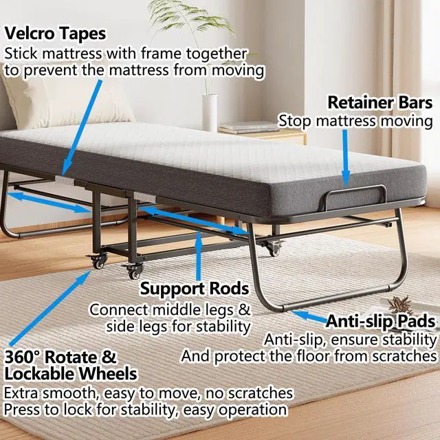 Alt view image 6 of 6 - Twin XL Folding Bed with Mattress, 75" x 46" Foldable Guest Bed, Portable Rollaway Bed with 5" Memory Foam Mattress, Sturdy Metal Frame for Student School College Dorm Hospital Lounge Hotel